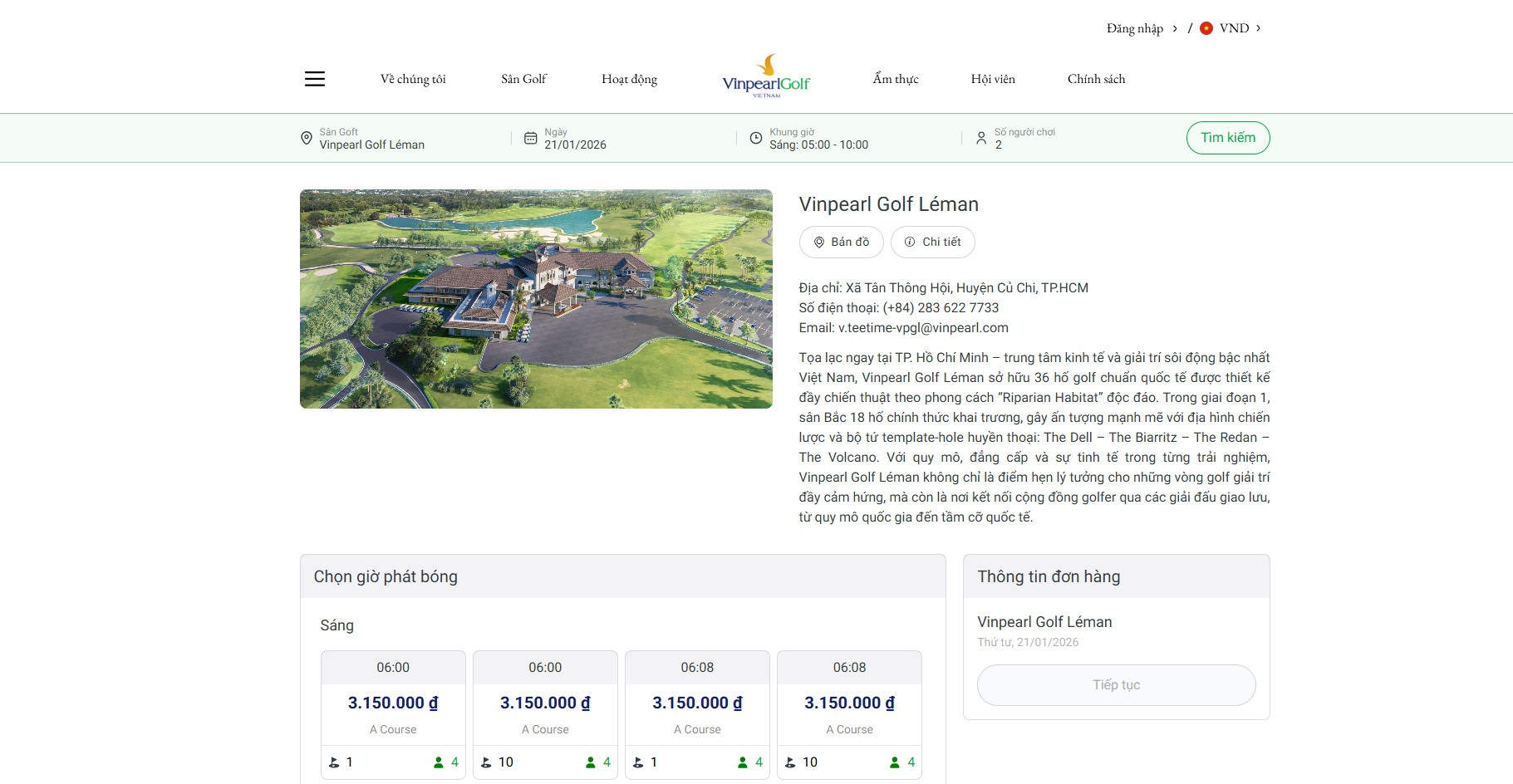Giao diện đặt sân trực tuyến Vinpearl Golf