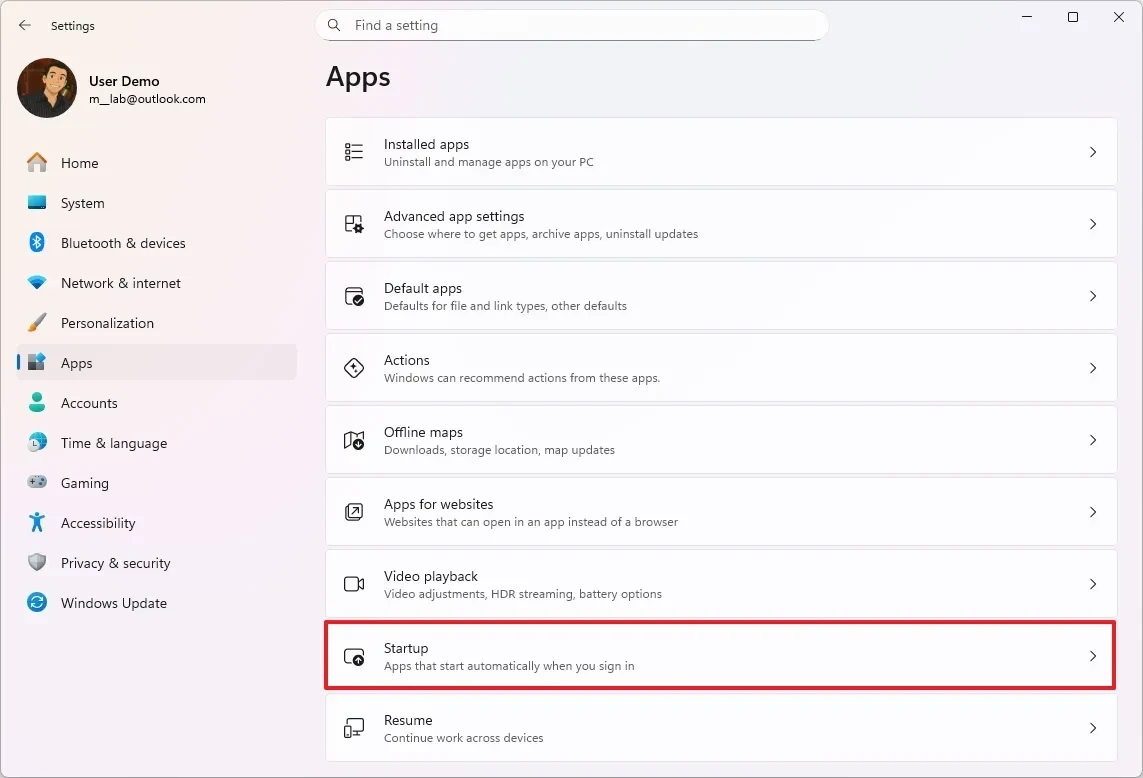 Giao diện cài đặt Startup trên Windows 11