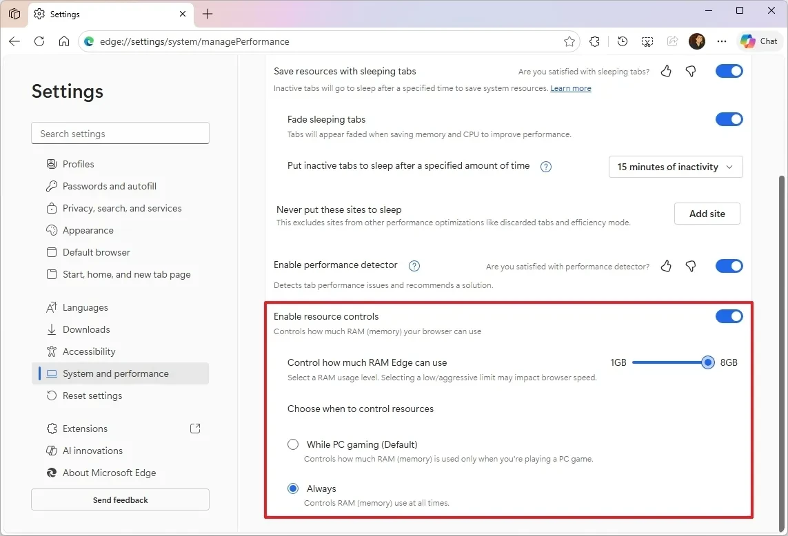 Thiết lập Resource controls trên trình duyệt Edge