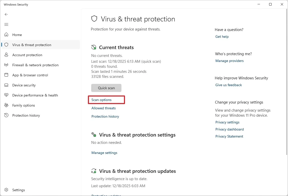 Tùy chọn quét virus trên Windows Security