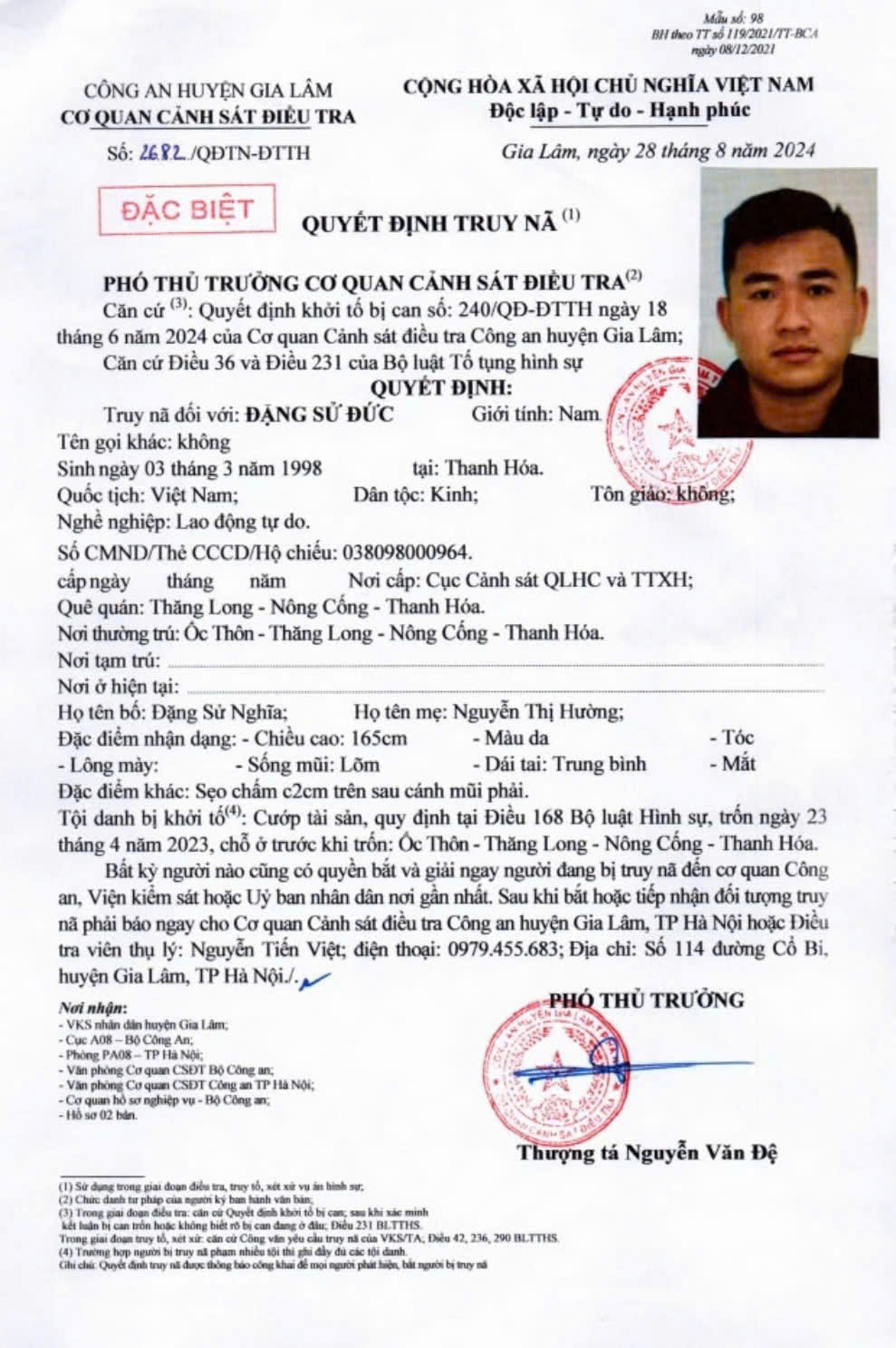Quyết định truy nã Đặng Sử Đức
