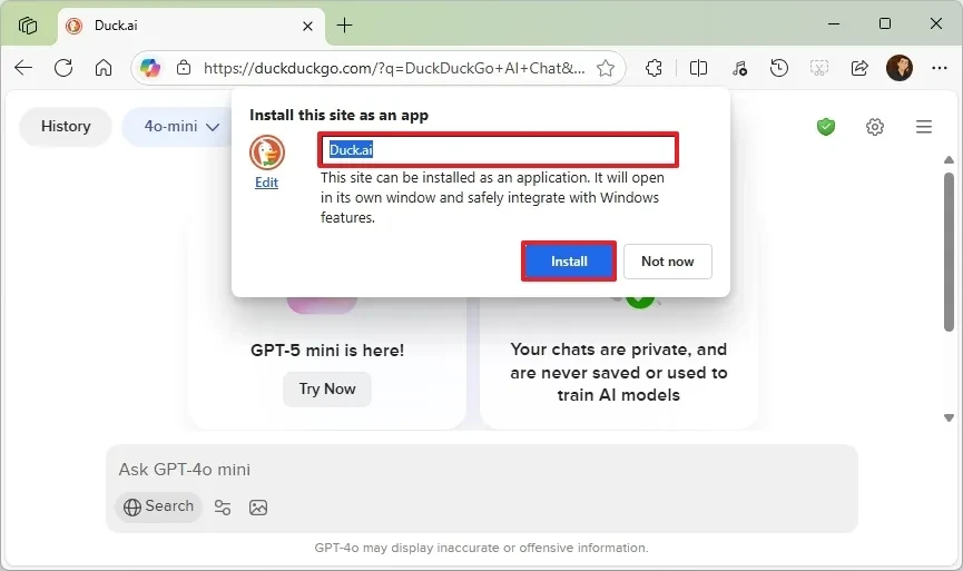 Xác nhận cài đặt ứng dụng Duck.ai trên Windows