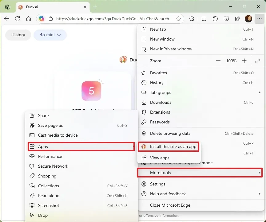 Giao diện cài đặt Duck.ai làm ứng dụng trên trình duyệt Microsoft Edge