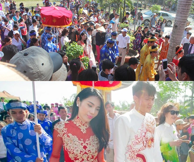 Đông đảo người dân kéo đến xem đám cưới của cặp đôi.