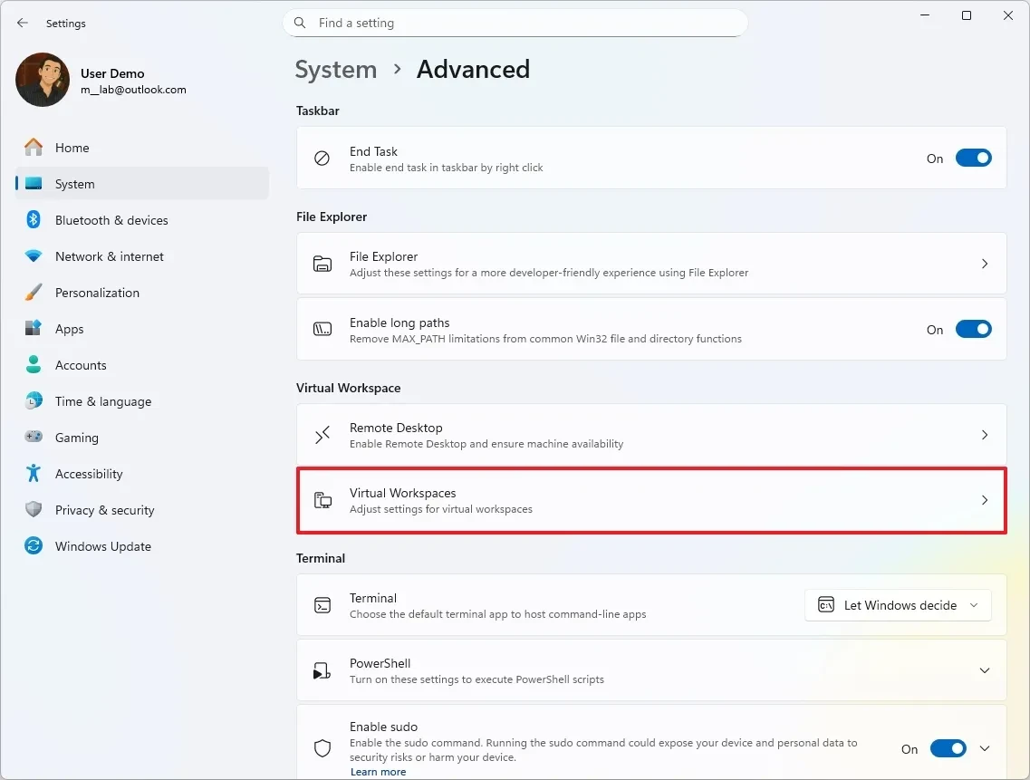Giao diện cài đặt Virtual Workspaces trên Windows 11