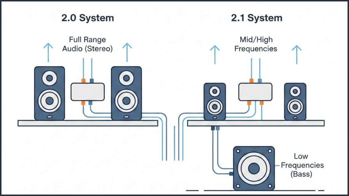 Bảng so sánh loa 2.0 và 2.1 chi tiết về công suất và âm trường.