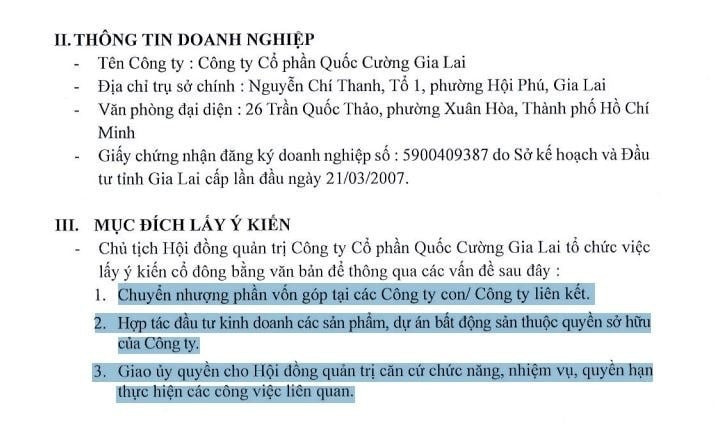 Quốc Cường Gia Lai lấy ý kiến cổ đông về các nội dung quan trọng