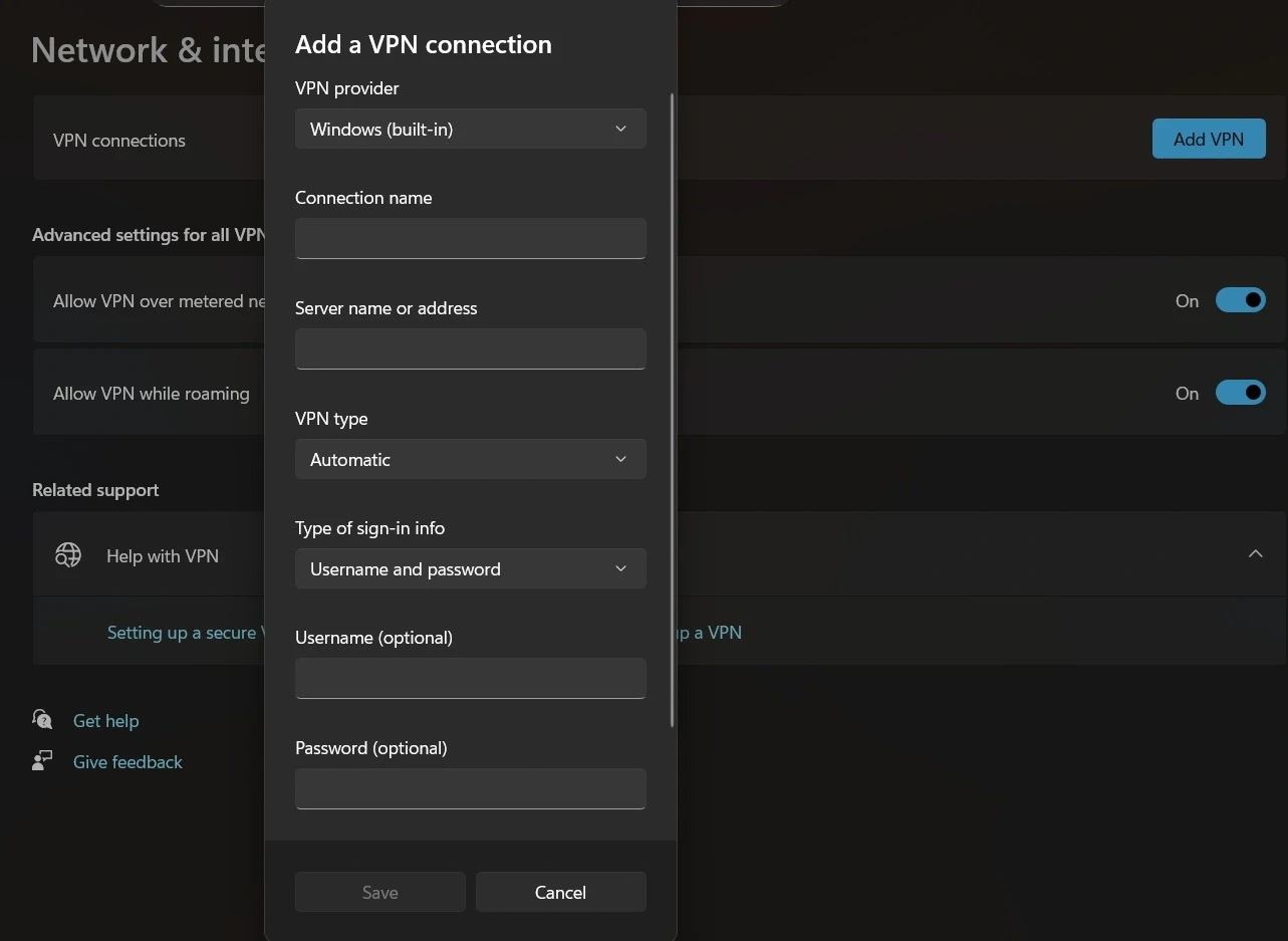 Biểu mẫu nhập thông tin cấu hình máy chủ và tài khoản VPN mới