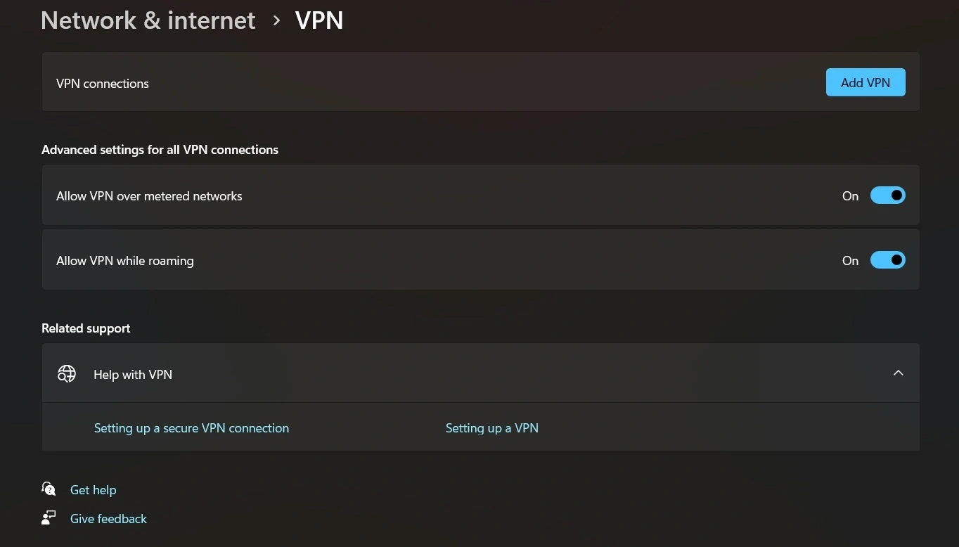 Giao diện cài đặt VPN trong mục Network and Internet trên Windows