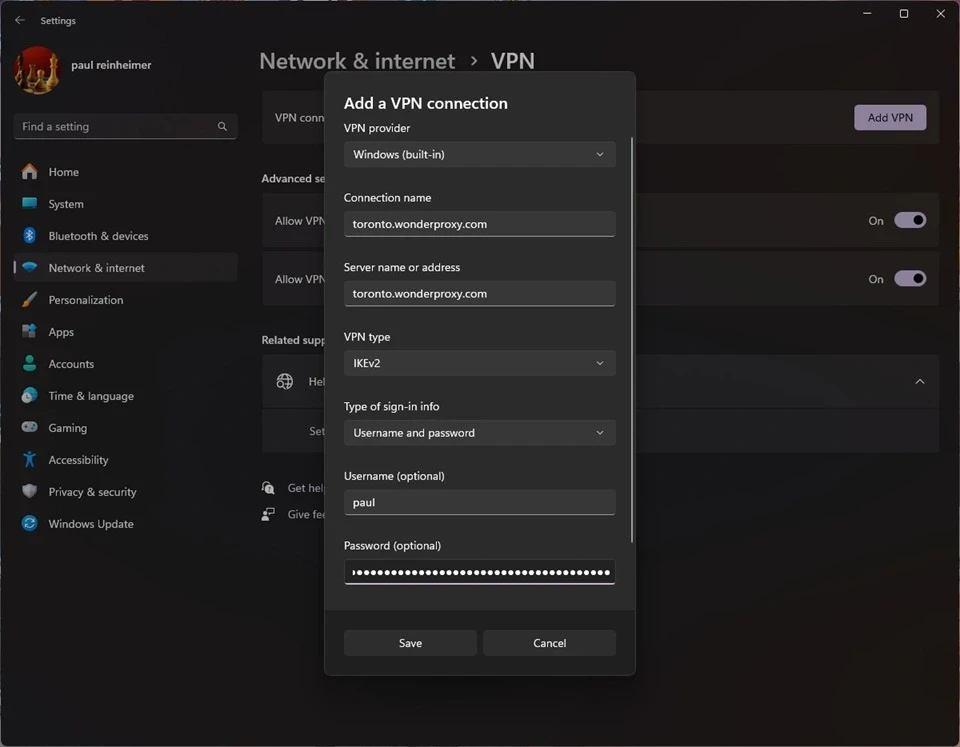 Kích hoạt kết nối VPN thành công trên giao diện Windows