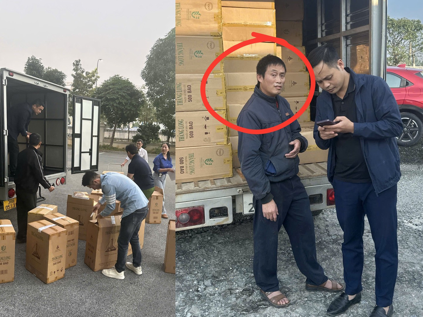 Nguyễn Đức Thọ (khoanh tròn) khai nhận đã mua số thuốc lá giả từ phía Nam, về phân phối tại các tiệm tạp hóa trên địa bàn Hà Tĩnh.jpg
