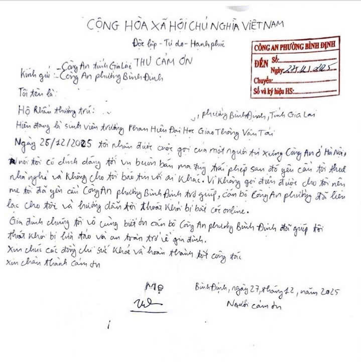 Thư cám ơn của sinh viên T.M gửi lực lượng công an sau khi được giải cứu khỏi vụ lừa đảo bắt cóc online