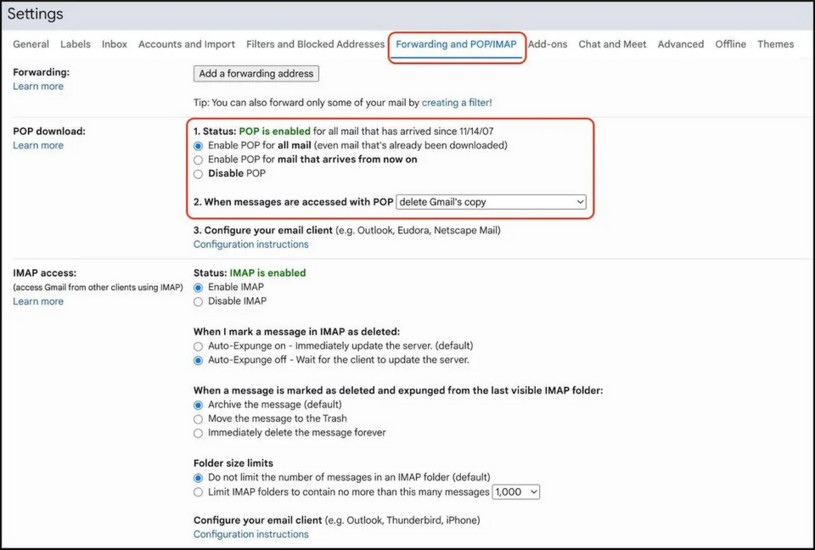 Thiết lập POP trên tài khoản Gmail gốc