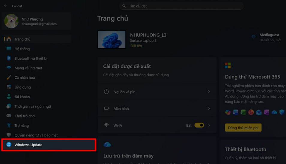 Mở mục Windows Update trong phần Cài đặt