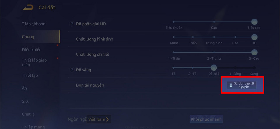 Chọn phần Dọn dẹp tài nguyên