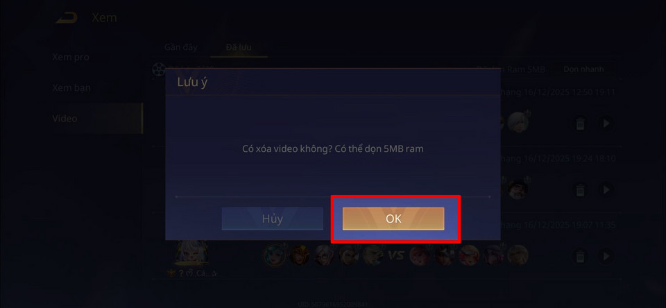 Xác nhận xóa video để giải phóng dung lượng