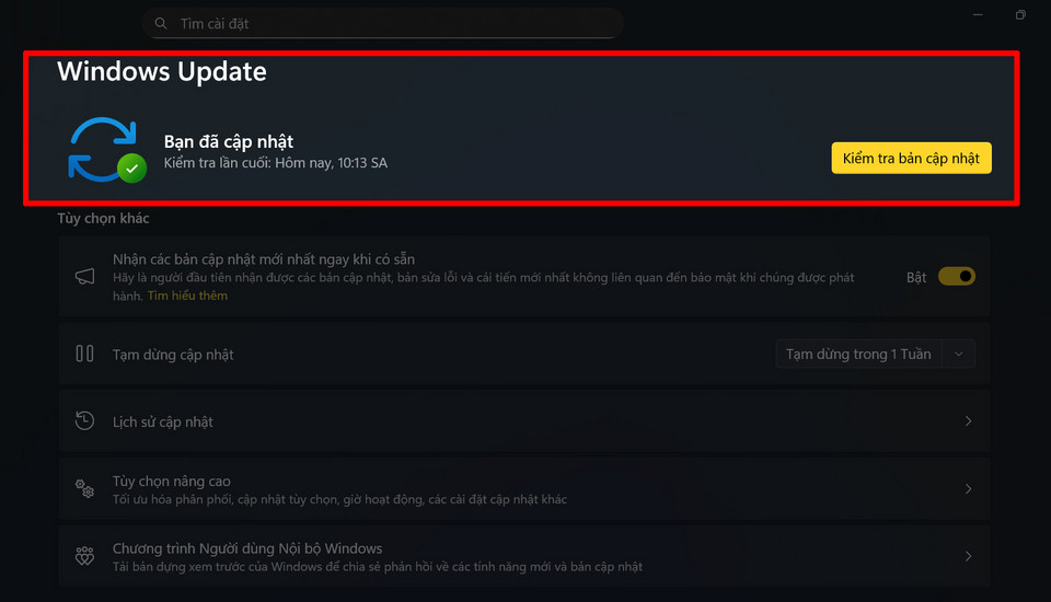 Tiến hành kiểm tra và cài đặt các bản vá lỗi Windows mới nhất