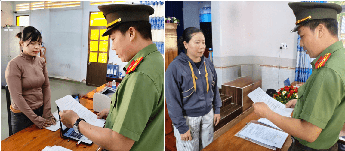 Cơ quan An ninh điều tra Công an tỉnh Cà Mau tống đạt quyết định khởi tố bị can Nguyễn Thị Ái My và Trương Thị Kim Tiên (từ trái qua phải).png