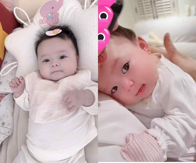 Con gái Phương Lê - Vũ Luân mới hơn 2 tháng tuổi đã biết méc bố khi bị đau.