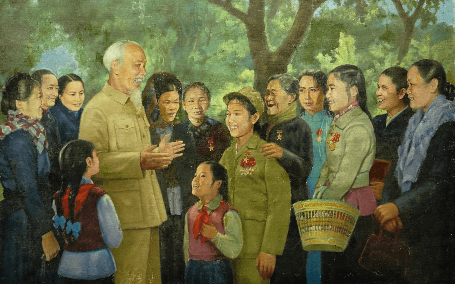 Bác Hồ với nữ chiến sĩ thi đua miền Bắc - tranh của họa sĩ Vương Trình, sáng tác năm 1967