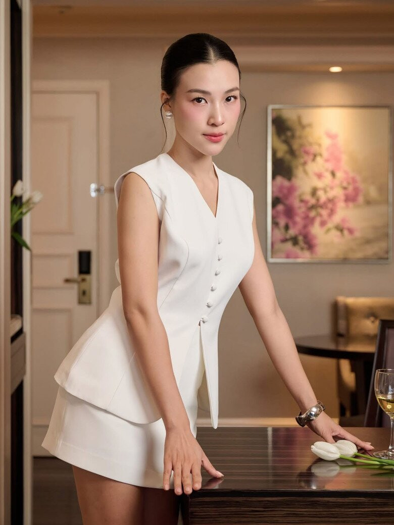 Á hậu Hoàng Oanh xinh đẹp trong bộ đầm trắng.