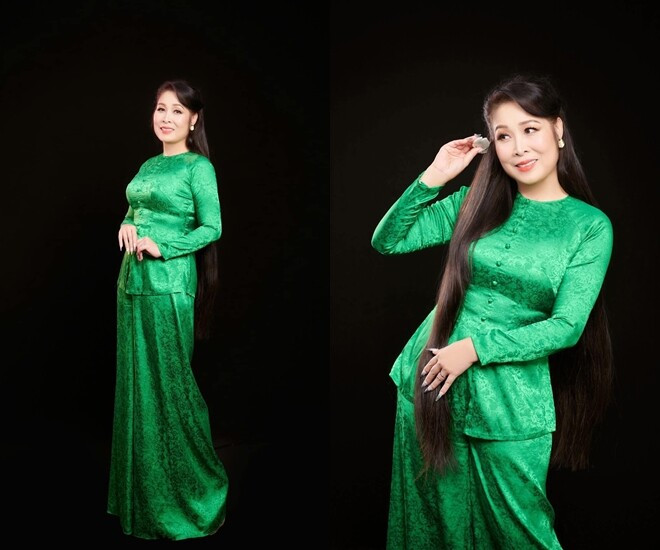 Diễn viên Hồng Vân khoe vẻ dịu dàng, nền nã ở tuổi U60 trong trang phục xanh lục.