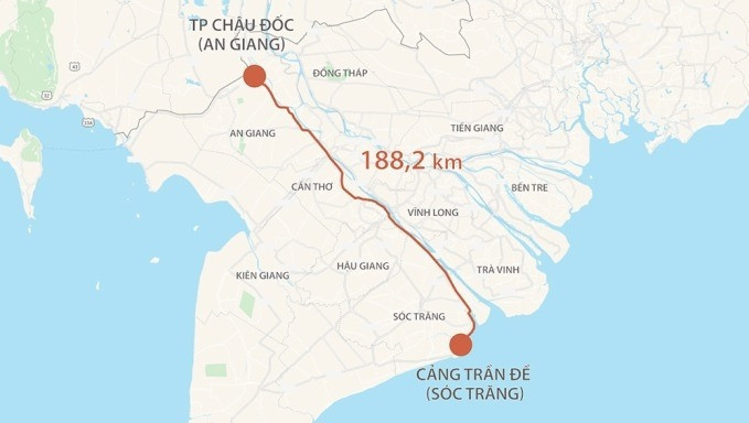 Bản đồ vị trí và hướng tuyến dự án cao tốc Châu Đốc - Cần Thơ - Sóc Trăng.