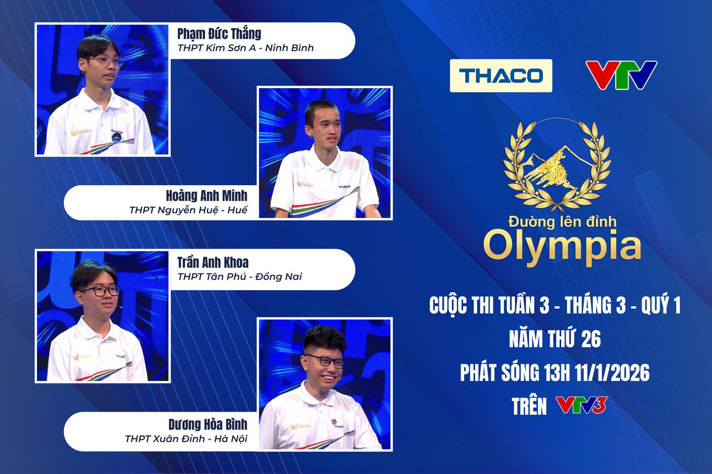 4 thí sinh tham gia cuộc thi Đường lên đỉnh Olympia Tuần 3 - Tháng 3 - Quý 1 năm thứ 26