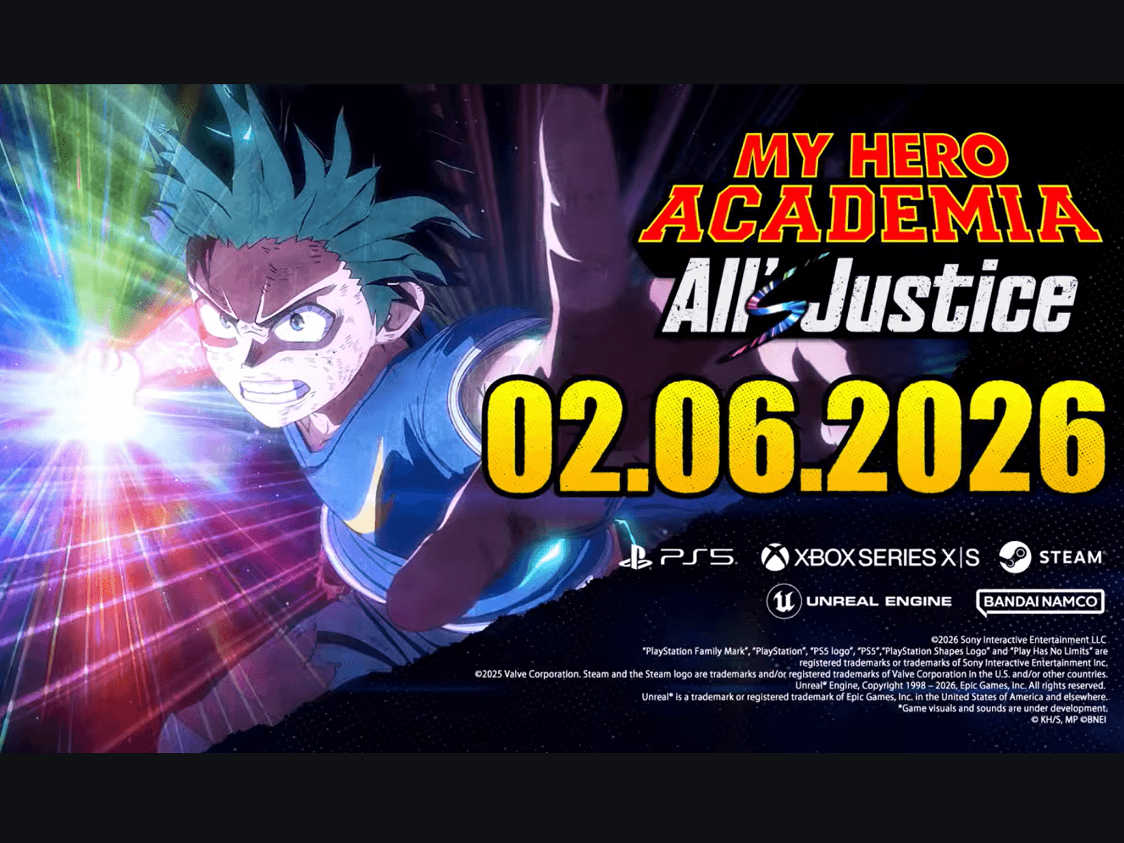 Hình ảnh chủ đạo của My Hero Academia: All’s Justice cho thấy Izuku Midoriya đang lao về phía trước với hiệu ứng năng lượng và ngày phát hành 02/06/2026. (Nguồn: YouTube)