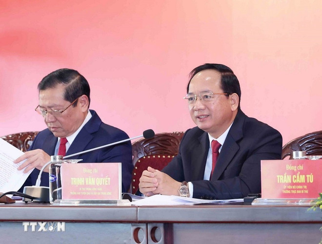 Đồng chí Trịnh Văn Quyết, Bí thư Trung ương Đảng, Trưởng ban Tuyên giáo và Dân vận Trung ương. (Ảnh: Phương Hoa/TTXVN) 1401-thuong-truc-ban-bi-thu-hop-bao-quoc-te-dai-hoi-dang-10.jpg