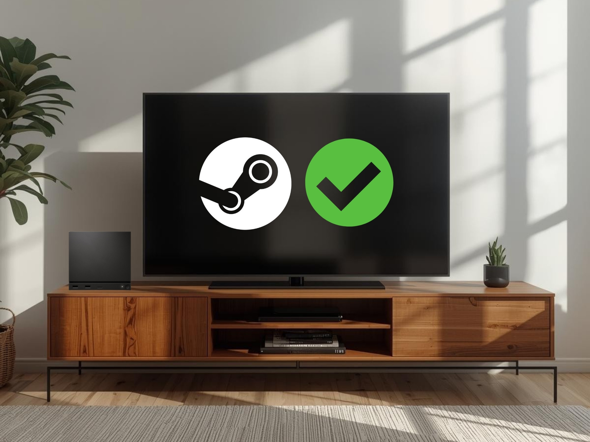 Steam Machine hiển thị trong phòng khách với logo xác minh trên màn hình