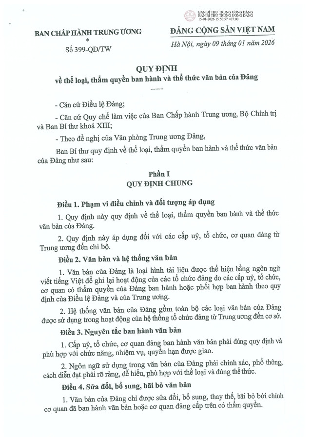 Quy định số 399-QĐ/TW của Ban Bí thư về thể loại, thẩm quyền ban hành và thể thức văn bản của Đảng- Ảnh 1.