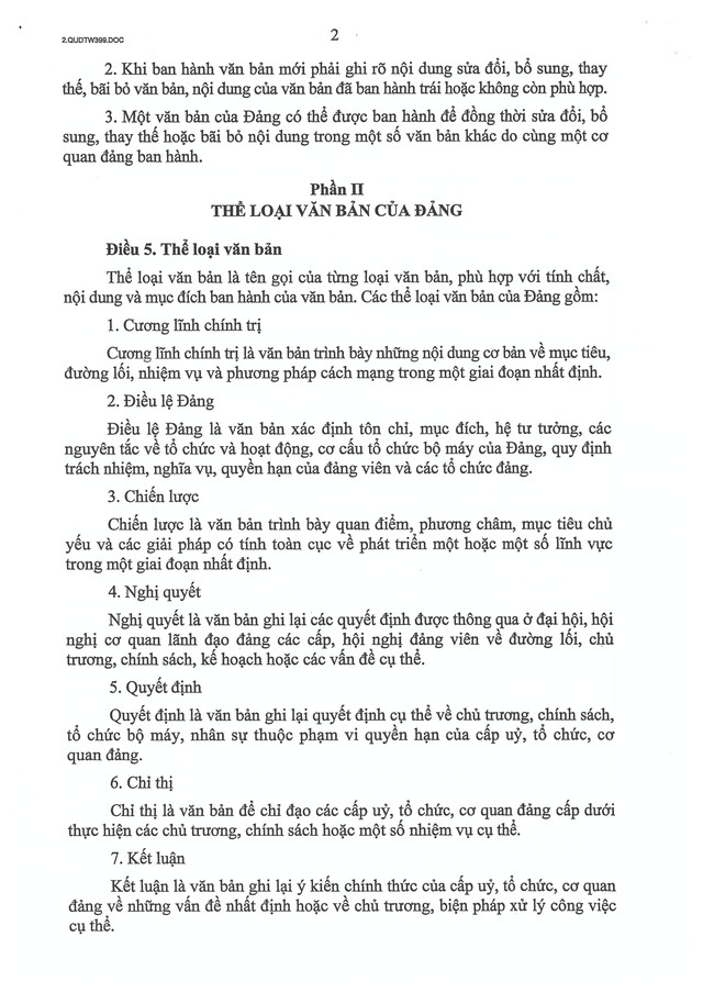 Quy định số 399-QĐ/TW của Ban Bí thư về thể loại, thẩm quyền ban hành và thể thức văn bản của Đảng- Ảnh 2.