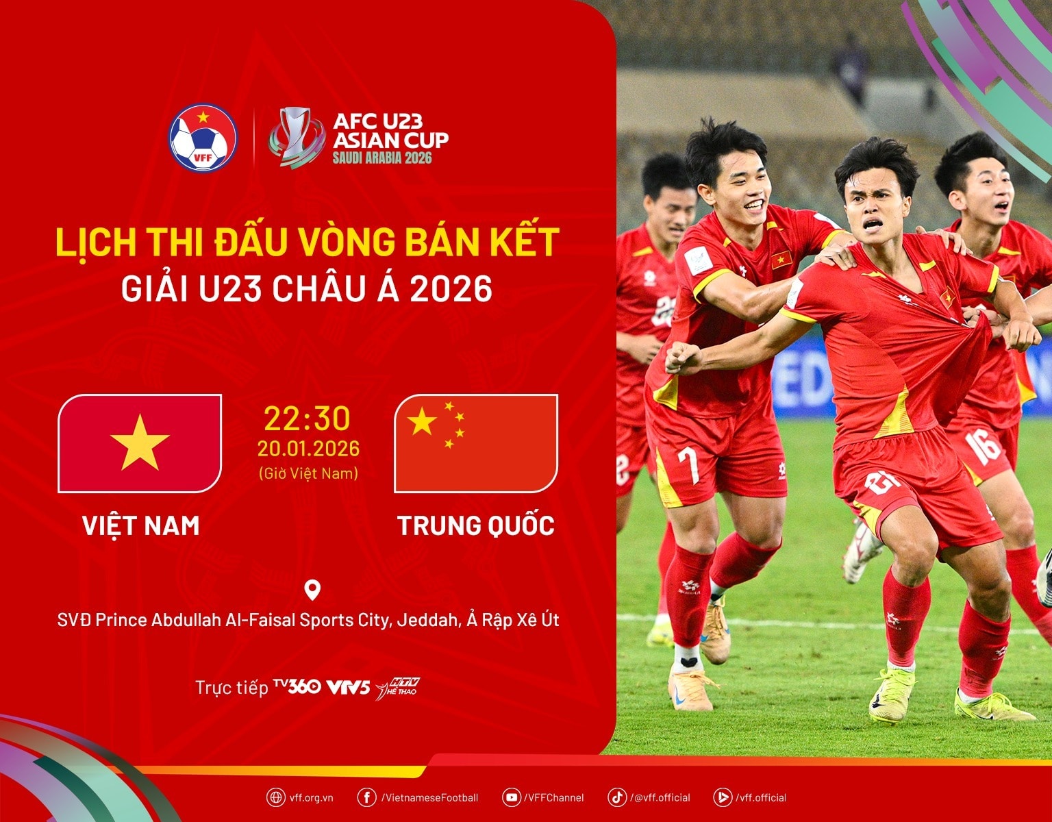 Trực tiếp cặp trận bán kết U23 Việt Nam và U23 Trung Quốc trên VTV FPT Play TV360 hôm nay 