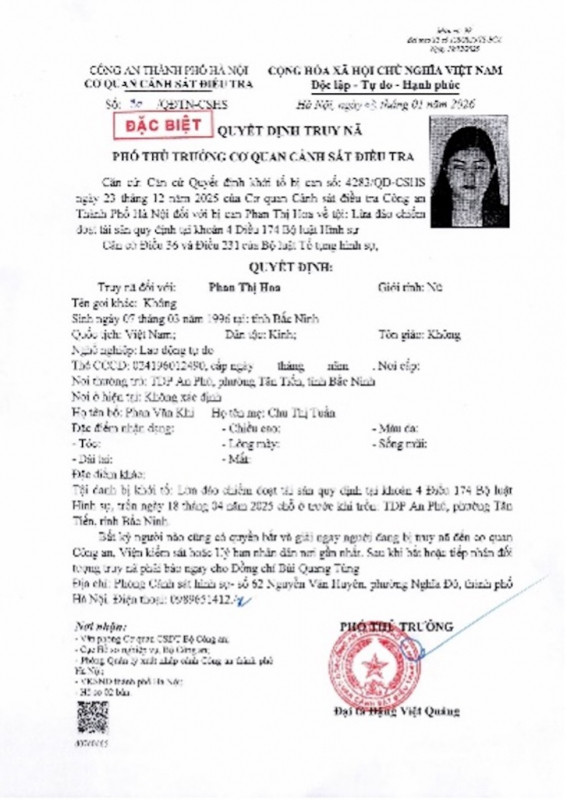 Quyết định truy nã Phan Thị Hoa do Công an TP Hà Nội ban hành