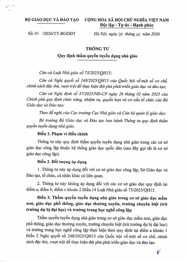 Thông tư số 01/2026/TT-BGDĐT quy định thẩm quyền tuyển dụng nhà giáo trong cơ sở giáo dục công lập- Ảnh 1.
