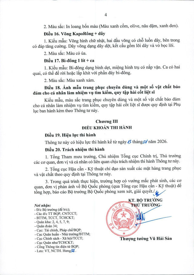 Thông tư 04/2026/TT-BQP quy định trang phục chuyên dùng và một số vật chất cho cá nhân làm nhiệm vụ tìm kiếm, quy tập hài cốt liệt sĩ- Ảnh 4.
