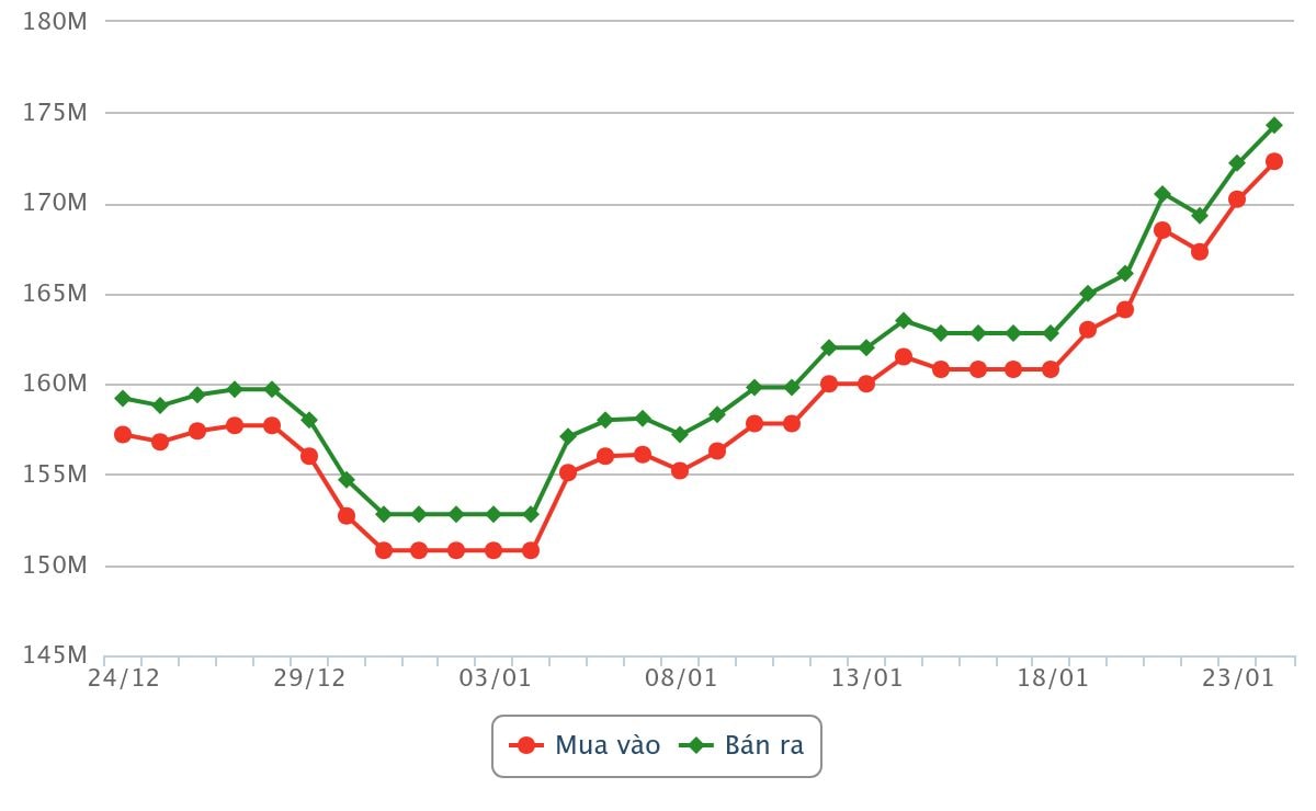 График цен на золото с 24 декабря 2025 года по полдень 24 января 2026 года.