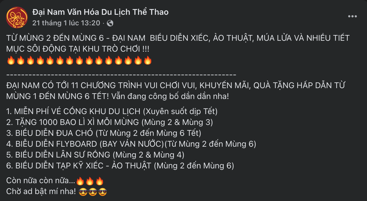 Thông báo miễn phí vé vào cổng KDL Đại Nam Tết 2026