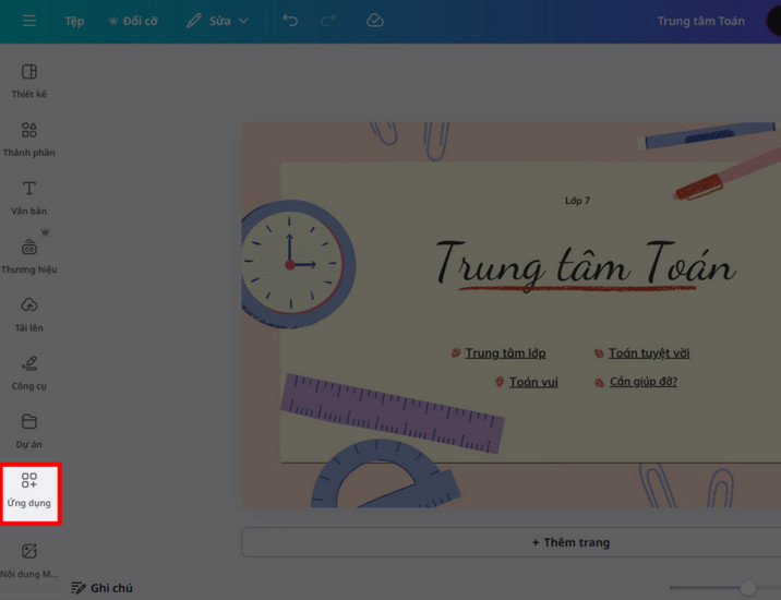 Chọn mục Ứng dụng trong Canva