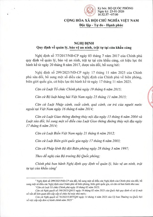 Văn bản hợp nhất số 16/VBHN-BQP: Nghị định quy định quản lý, bảo vệ an ninh, trật tự tại cửa khẩu cảng- Ảnh 1.