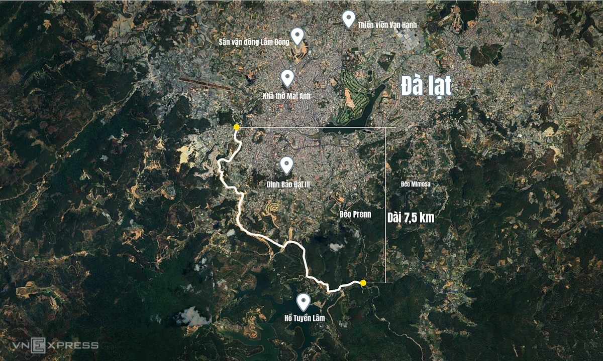 Vị trí và hướng tuyến dự kiến của dự án đường Vành đai bao quanh khu vực TP. Đà Lạt cũ.