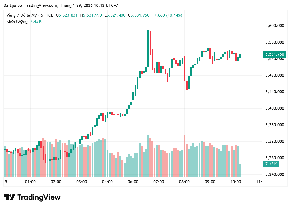 Giá vàng thế giới chạm mốc kỷ lục vượt 5.600 USD/ounce vào cuối tháng 1/2026