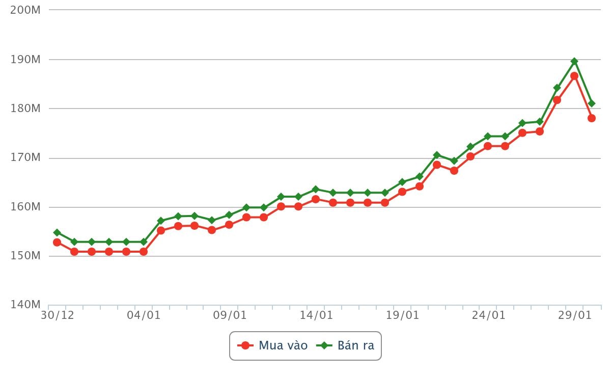 Biểu đồ giá vàng miếng SJC dao động từ ngày 30 tháng 12 năm 2025 đến chiều ngày 30 tháng 01 năm 2026