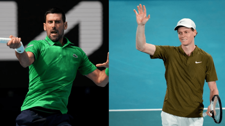 Giữ 10 cúp Australian Open nhưng lúc này Djokovic (bên trái) bị đánh giá thấp hơn Sinner (bên phải)
