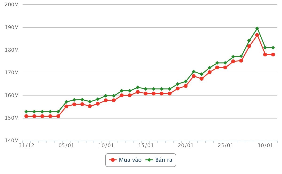 biểu đồ giá vàng từ ngày 31 tháng 13 năm 2025 đến sáng ngày 31 tháng 1 năm 2026