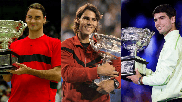Alcaraz (bên phải) cùng lên ngôi Australian Open ở tuổi 22 như Federer (bên trái) và Nadal (giữa)