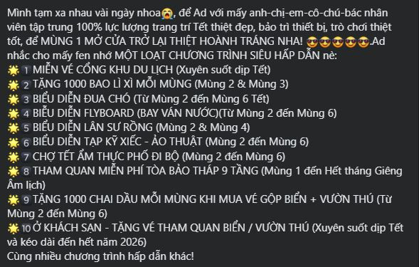 Thông báo tạm ngừng đón khách trên fanpage của Khu du lịch Đại Nam từ ngày 10/2 đến 16/2.
