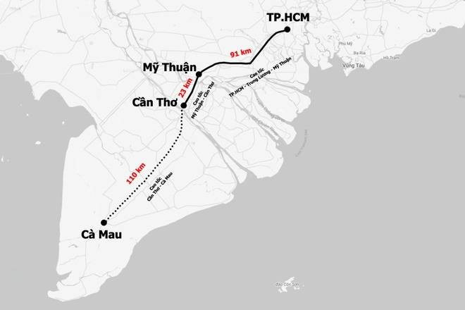 Bản đồ hướng tuyến cao tốc Cần Thơ - Cà Mau kết nối các tỉnh miền Tây.