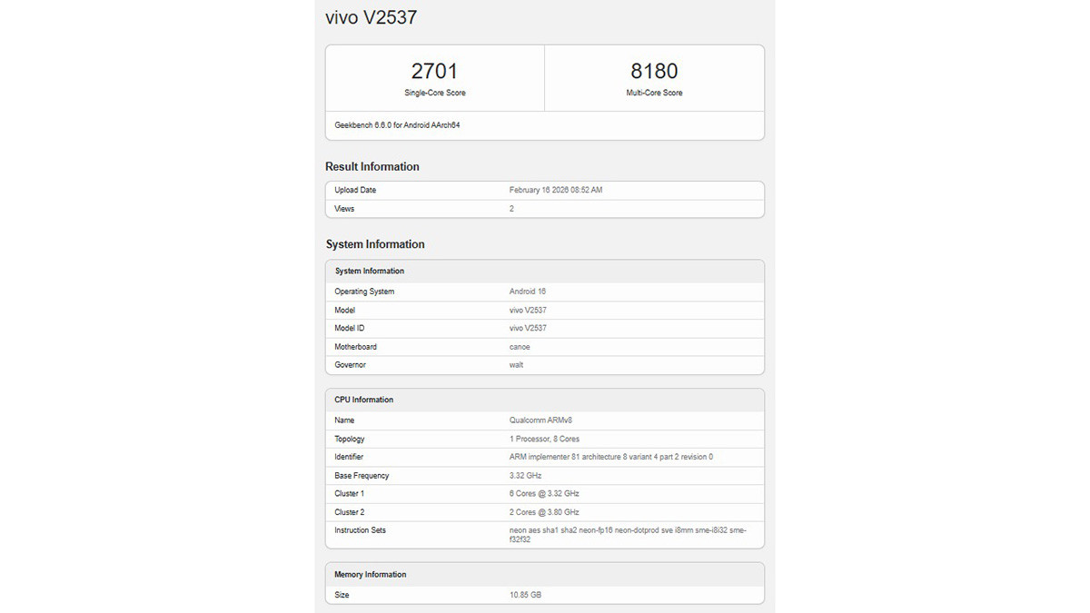 vivo X300 FE xuất hiện trên Geekbench với mã model V2537